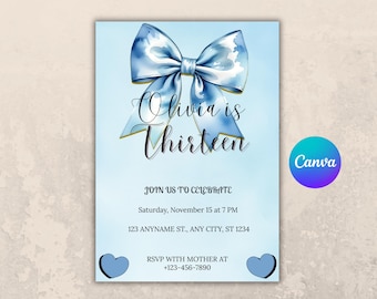 Blue Bow Birthday Invitation: Coquette Party Invite, Canva Template (Digital download)