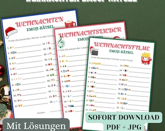 May include: Three colorful Christmas-themed emoji riddle sheets. The sheets are titled "Weihnachten Emoji-Rätsel", "Weihnachtslieder Emoji", and "Weihnachtsfilme Emoji-Rätsel". The sheets have fill-in-the-blank questions with emojis. The bottom right sheet says "SOFORT DOWNLOAD PDF + JPG".