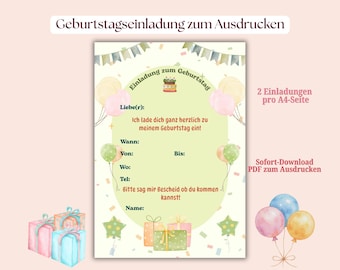 May include: A printable birthday invitation template featuring a pale green oval center with watercolor illustrations of balloons, gift boxes, and bunting. The text includes Einladung zum Geburtstag, Liebe(r), Wann, Von, Bis, Wo, Tel, and Name.