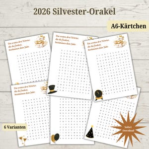 2026 Silvester-Orakel Suchrätsel – Neujahrsspiel zum Ausdrucken | 6 Varianten | A6 Kärtchen  | Sofort-Download