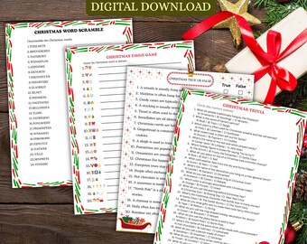 Puede incluir: Descarga digital de cuatro juegos de Navidad. La imagen muestra cuatro juegos de Navidad imprimibles: sopa de letras, juego de emojis, verdadero o falso y trivia. Cada juego tiene un borde rojo y verde y decoraciones festivas.