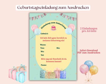 Kindergeburtstag Einladung zum Ausdrucken | Geburtstagseinladung A5 PDF | Bunte Einladung mit Ballons