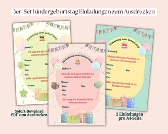 May include: A set of three printable birthday invitation templates featuring pastel backgrounds, watercolor balloons, bunting, and gift boxes. The text includes "3er-Set Kindergeburtstag Einladungen zum Ausdrucken", "Sofort-Download PDF zum Ausdrucken", and "2 Einladungen pro A4-Seite" with German invitation fields.