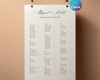 Tabella dei posti a sedere personalizzabile per matrimoni con Canva in ordine alfabetico - Tabella dei posti a sedere minimalista da personalizzare