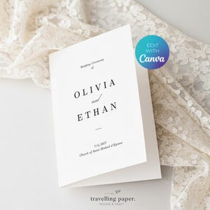 Peut inclure: Un programme de cérémonie de mariage blanc, plié en deux, avec les noms OLIVIA et ETHAN imprimés dans une police classique. Le programme comprend la date 7.14.2027 et le nom de l'église. Les mots "Wedding Ceremony of" sont en haut.