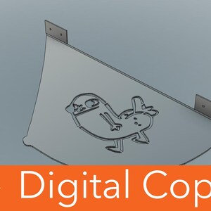 Pode incluir: Uma placa de metal cinza estilizada com um desenho de pato de desenho animado. A placa tem uma forma curva e é fixada à parede com dois suportes de metal. As palavras "Digital Copy" são exibidas em texto branco sobre um fundo laranja.