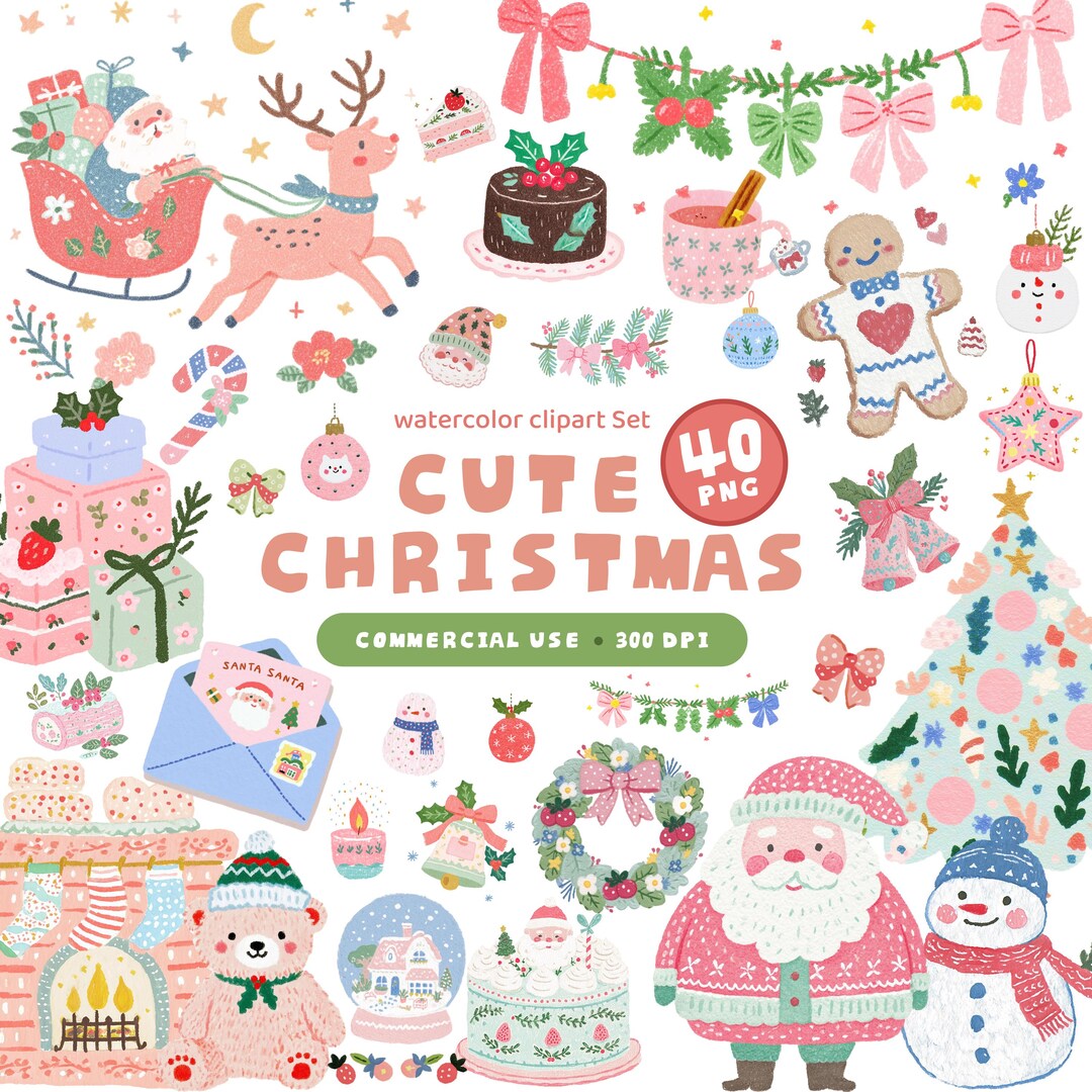 Cute Christmas Clipart Set | Pastel Watercolor Holiday Illustrations ...