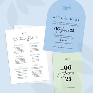 Puede incluir: Un conjunto de papelería de boda, que incluye invitaciones y tarjetas de detalles. La invitación principal es azul claro con los nombres "Katy & Gary" y la fecha "06 June 25". Otras tarjetas incluyen detalles sobre la ceremonia e información RSVP.