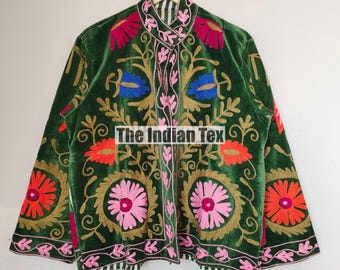 Women's Short Suzani Jacket, Handmade velvet Jacket, Suzani Jacket In velvet Fabric, Floral Embroidery Jacket, Gift for Her