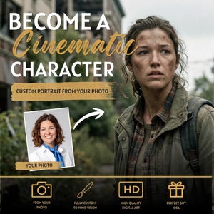 Może przedstawiać: Reklama promująca spersonalizowane portrety filmowe. Obraz przedstawia kobietę z brudem na twarzy, z tekstem "BECOME A Cinematic CHARACTER". Dołączono zdjęcie uśmiechniętej kobiety wraz z ikonami i tekstem.