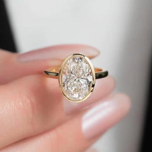 Oval Bezel Engagement Ring, Hidden Halo Moissanite Ring, 14K Gold Oval Ring with Pave Bridge, Modern Bezel Set Wedding Ring, Solitaire Ring