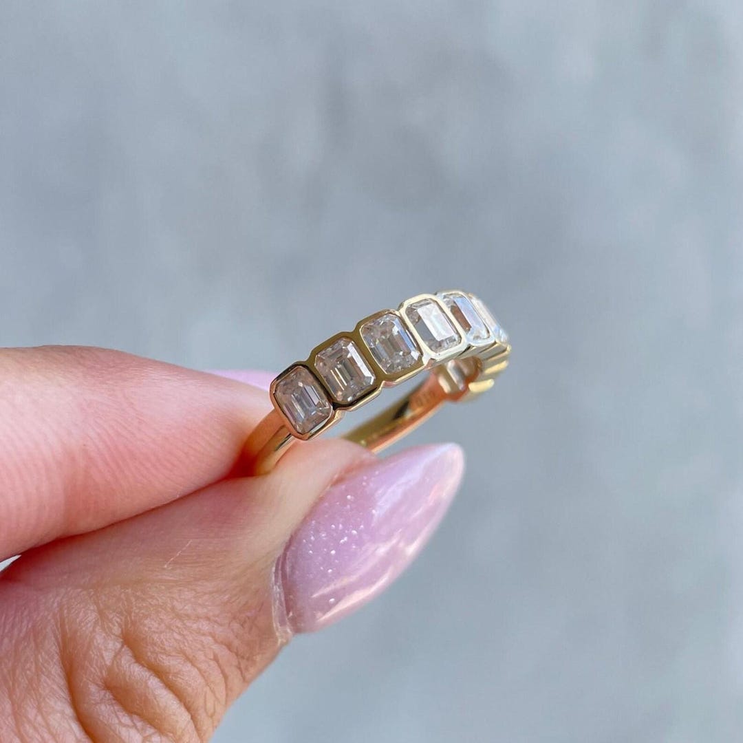 Emerald Cut Moissanite Wedding Band, 14K Yellow Gold Bezel Set Eternity ...