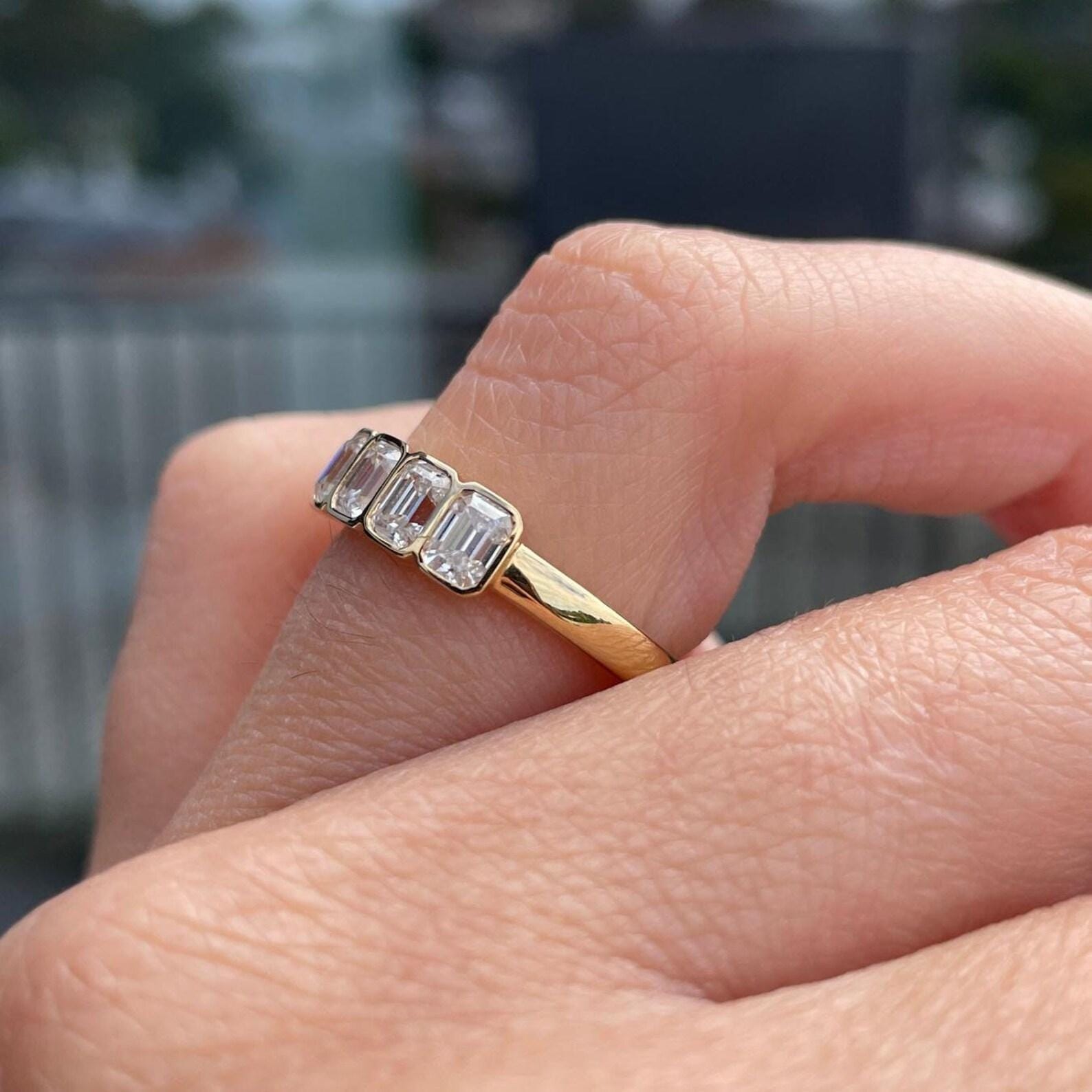 Emerald Cut Moissanite Wedding Band, 14K Yellow Gold Bezel Set Eternity ...