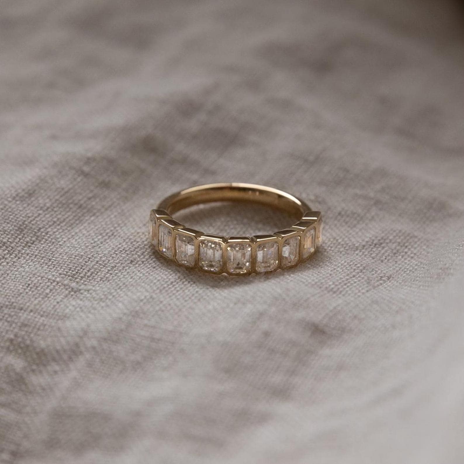 Emerald Cut Moissanite Wedding Band, 14K Yellow Gold Bezel Set Eternity ...