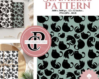 Black Cat Seamless Pattern, Whimsical Feline Repeat Design (Digital Download)