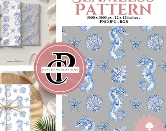 ocean Chinoiserie seamless pattern vol3,ocean seamless pattern,chinoiserie seamless,seahorse pattern,blue chinoiserie pattern,chinoiserie