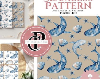 Watercolor Whale Seamless Pattern, Under the Sea Ocean Animals (Digital File)