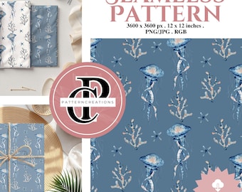 Watercolor Jellyfish Seamless Pattern, Ocean Coral Repeat Design (Digital Download)