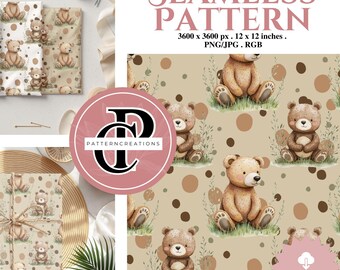 Brown Teddy Bear Seamless Pattern, Baby Fabric Design (Digital Download)