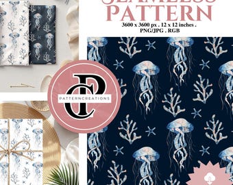 Watercolor Jellyfish Seamless Pattern, Ocean Marine Life Digital Download