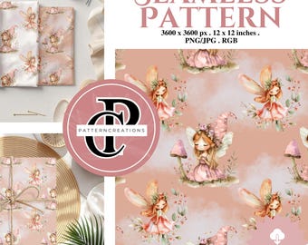 Watercolor Fairy Seamless Pattern, Mushroom Fabric Design, Surface Pattern (Digital Download)