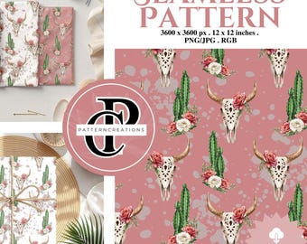 Boho Cowgirl Skull Seamless Pattern, Floral Cactus PNG (Digital Download)