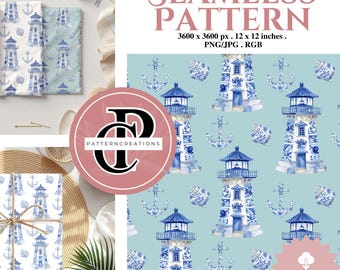 Coastal Lighthouse Chinoiserie Seamless Pattern, Blue Nautical Surface Design (Digital Download)