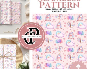 Unicorn Seamless Pattern, Whimsical Clouds, Balloons (Digital File)
