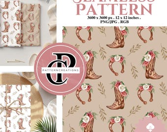 Boho Cowgirl Boots Seamless Pattern, Floral Horseshoe Digital PNG/JPG