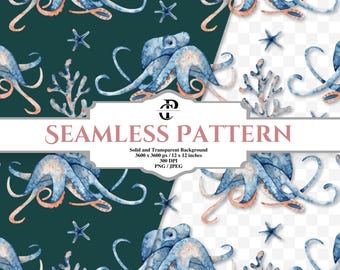 Octopus Pattern, Watercolor Seamless File with JPG and PNG Downloads