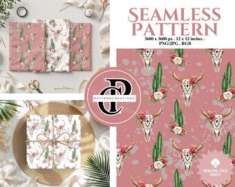 Boho Cowgirl Seamless Pattern, Schädel, Kaktus, Blumen (PNG JPG)