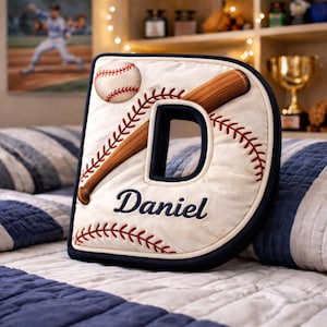 Könnte beinhalten: Ein Baseball-Kissen in Form des Buchstabens "D". Das Kissen zeigt ein Baseball- und Schläger-Design mit roten Nähten und dem Namen "Daniel" in Marineblau gestickt. Das Kissen hat einen marineblauen Rand.