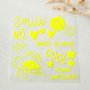 Bügelbilder Neon Set, coole Sprüche zum Aufbügeln, witzige Motive für Mädchen und Jungs, Nö, chill, smile