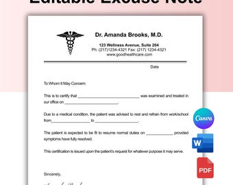Doctor Excuse Template, Doctor Excuse for Work, Doctor Excuse Letter, Doctor Note For Work, Doctor Notes, Doctor Excuse Editable