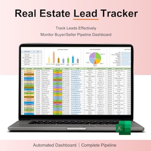 May include: A laptop displaying a real estate lead tracker dashboard. The screen shows data visualizations and a spreadsheet with lead information. Text includes "Track Leads Effectively" and "Automated Dashboard | Complete Pipeline."