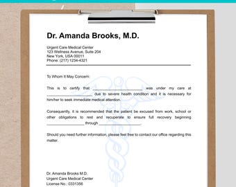 Urgent Care Doctor Excuse Template, Doctor Excuse for Work, Doctor Excuse Letter, Doctor Note For Work, Doctor Notes, Doctor Excuse Editable
