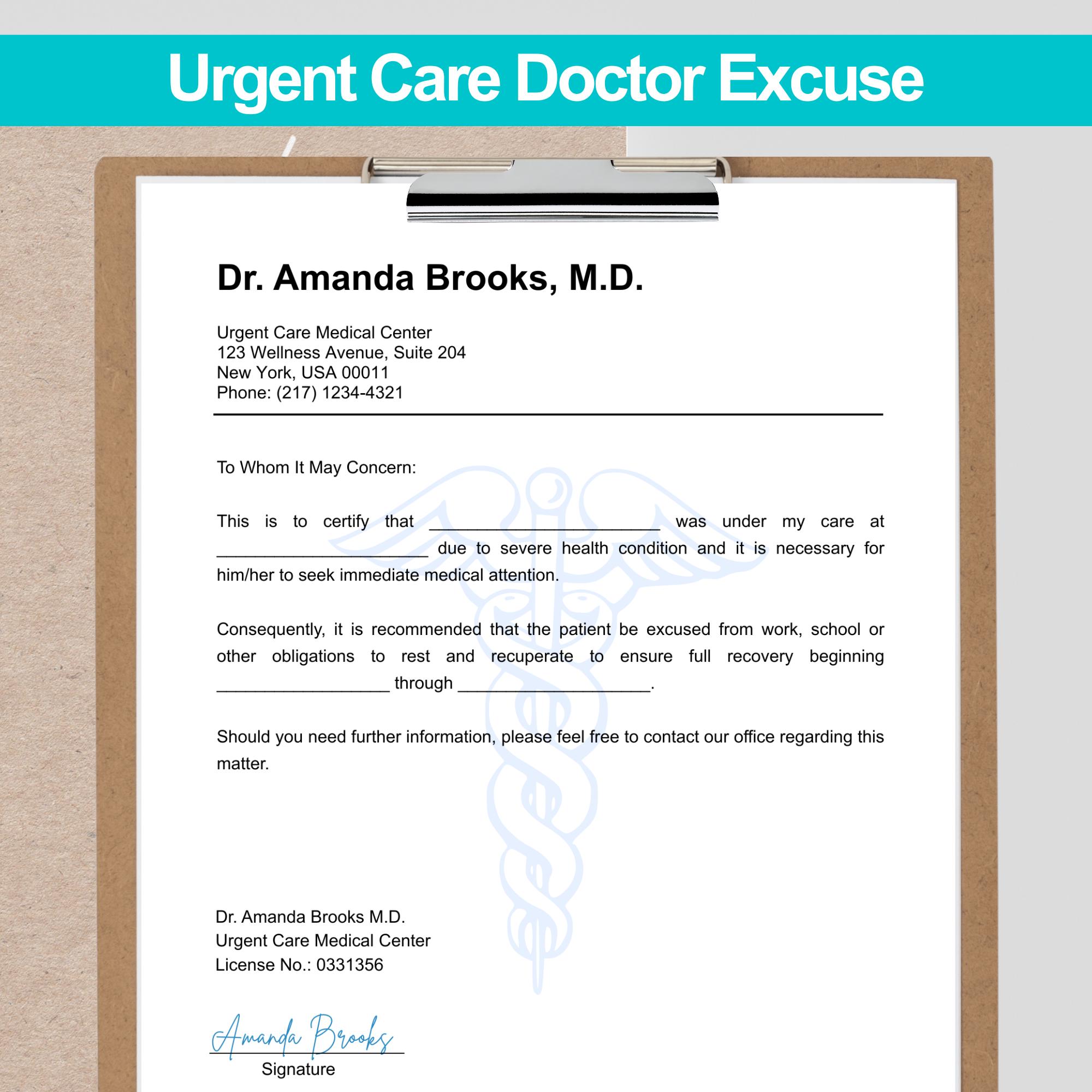 Urgent Care Doctor Excuse Template, Doctor Excuse for Work, Doctor