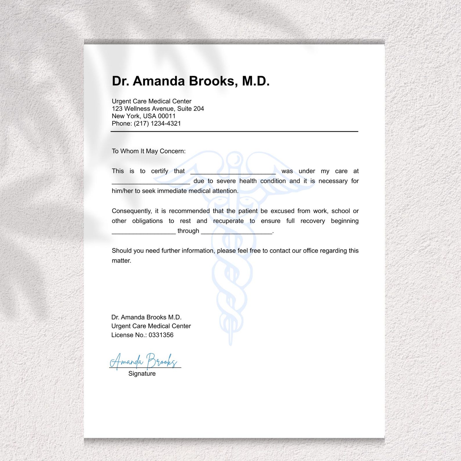 Urgent Care Doctor Excuse Template, Doctor Excuse for Work, Doctor