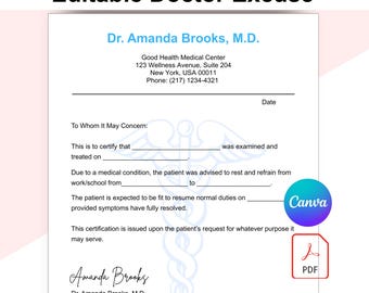 Modello di giustificazione per il medico, giustificazione per il lavoro del medico, lettera di giustificazione per il medico, nota del medico per il lavoro, appunti del medico, giustificazione modificabile per il medico