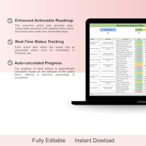 May include: A laptop screen displays a "Corrective Action Plan" with a green and white spreadsheet. Text on the screen includes "Enhanced Actionable Roadmap," "Real-Time Status Tracking," and "Auto-calculated Progress." The bottom of the screen reads "Fully Editable" and "Instant Download."