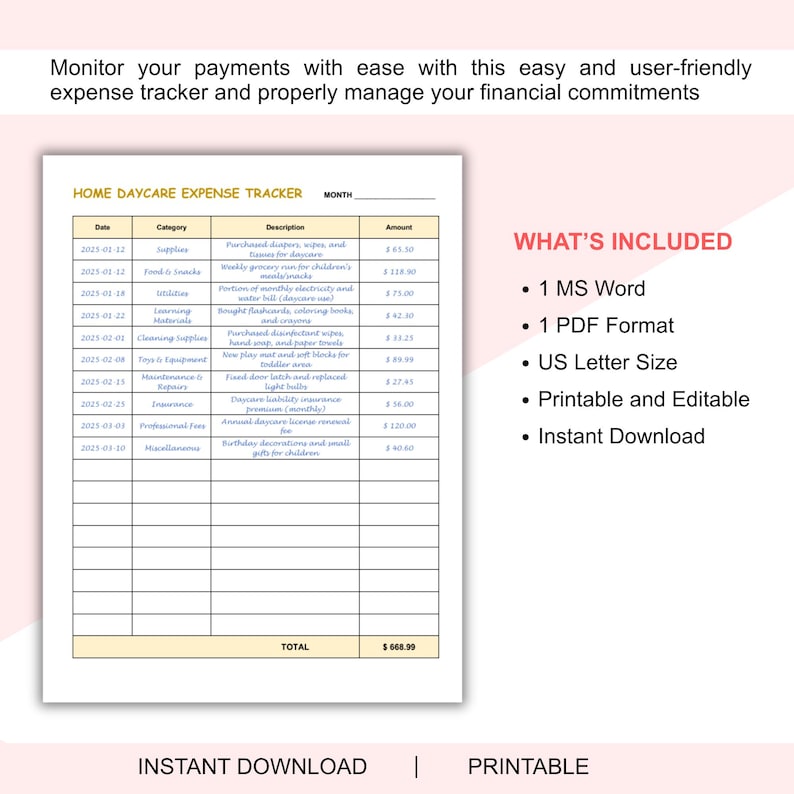 Home Daycare Expense Tracker, Daycare Expense, Daycare Bills Tracker ...