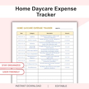 Op de afbeelding: Een afdrukbare Home Daycare Expense Tracker met een witte achtergrond en een tabelindeling. De titel "Home Daycare Expense Tracker" staat bovenaan. De tabel bevat kolommen voor datum, categorie, beschrijving en bedrag. De woorden "Stay Organized", "User Friendly", "Instant Download" en "Editable" zijn ook zichtbaar.