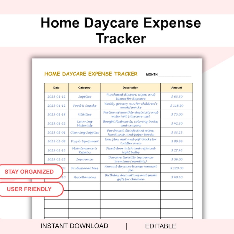 Home Daycare Expense Tracker, Daycare Expense, Daycare Bills Tracker ...