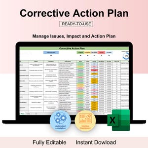 Puede incluir: Una pantalla de portátil muestra una hoja de cálculo de "Corrective Action Plan". El documento está etiquetado como "READY-TO-USE" e incluye secciones para gestionar problemas, impacto y planes de acción. La parte inferior de la pantalla muestra "Fully Editable" e "Instant Dowload".