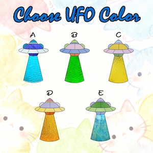 May include: An image with the text "Choose UFO Color" above five colorful UFO designs. Each UFO has a different color for its beam and body, including blue, green, yellow, orange, and teal. The background has a watercolor effect.