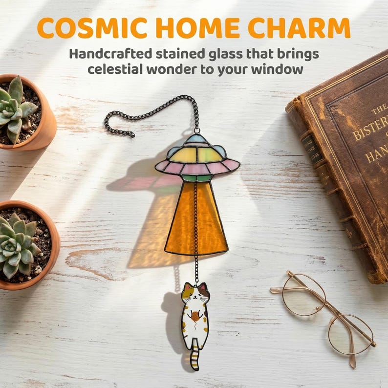 Christmas Cat UFO Suncatcher, Stained Glass Alien Spaceship Ornament, Funny Cat Lover Gift, Holiday Window Hanging, Handmade Glass Art image 8