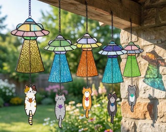 Funny Cat UFO Suncatcher, Stained Glass Alien Spaceship Decor, Quirky Gift for Cat Lovers, Handmade Glass Art, Unique Home Window Hanging