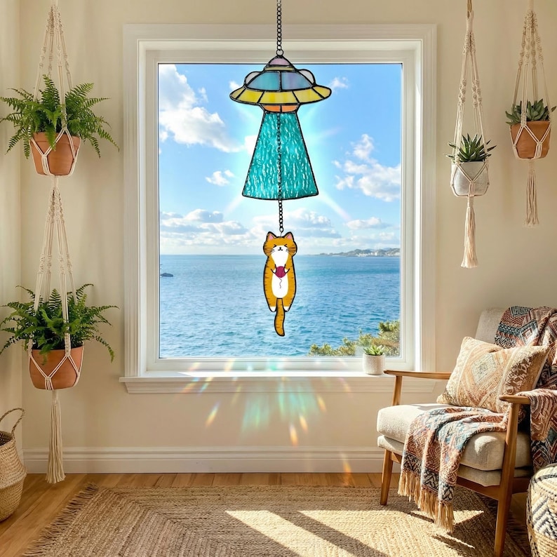 Christmas Cat UFO Suncatcher, Stained Glass Alien Spaceship Ornament, Funny Cat Lover Gift, Holiday Window Hanging, Handmade Glass Art image 4