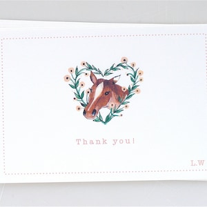 Paquete PERSONALIZADO de 6 tarjetas de notas de agradecimiento con corona de caballo y corazón - notas de agradecimiento - caballo - niños gracias - fiesta de caballos