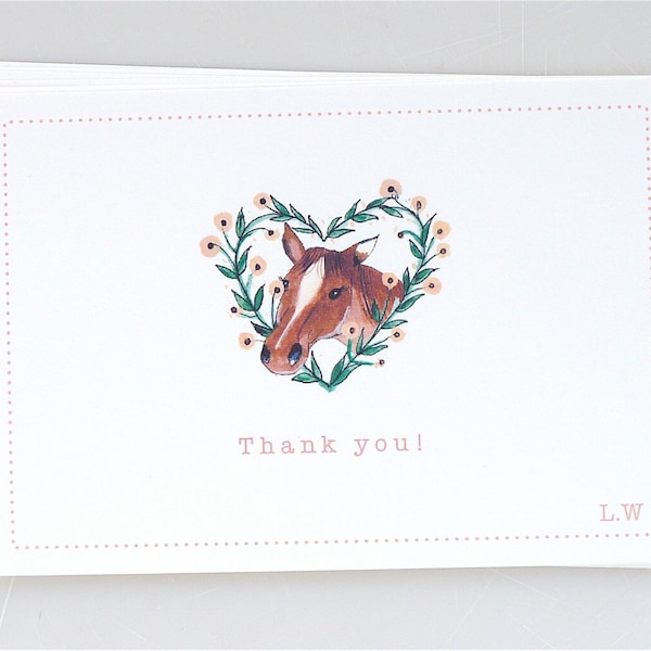 PERSONALISED Pack of 6 Thank You Note Cards with Horse and Heart Wreathe - thank you notes - horse - kids thank you - horse party